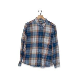 Eddie Bauer Blue, Orange, and Cream Plaid Flannel Long Sleeve Button Up Shirt